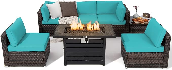 Tangkula 7-Piece Outdoor Patio Furniture Set with 42" Propane Fire Pit Table, Outdoor Wicker Conversation Set with Cushions and Tempered Glass Coffee Table, 50,000 BTU Gas Fire Pit Table (Turquoise)
