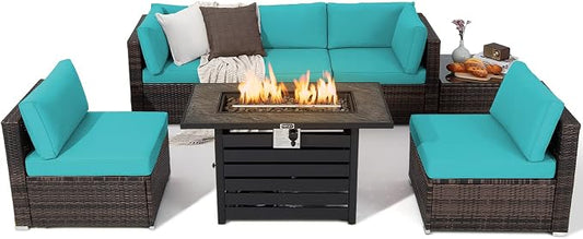 Tangkula 7-Piece Outdoor Patio Furniture Set with 42" Propane Fire Pit Table, Outdoor Wicker Conversation Set with Cushions and Tempered Glass Coffee Table, 50,000 BTU Gas Fire Pit Table (Turquoise)