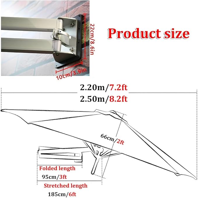Wall-mounted Shading Umbrellas Sunshade With Adjustable Pole Outdoor Garden Patio Parasol Suitable For Gardens Courtyards Balconies Etc
