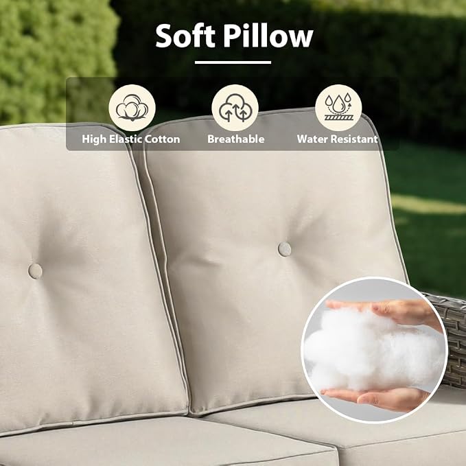 7 Pieces Patio Sectional Furniture Set, Outdoor Wicker Sectional Couch with Solar Lights Table, Modern Conversation Set for Porch Balcony Backyard, Beige
