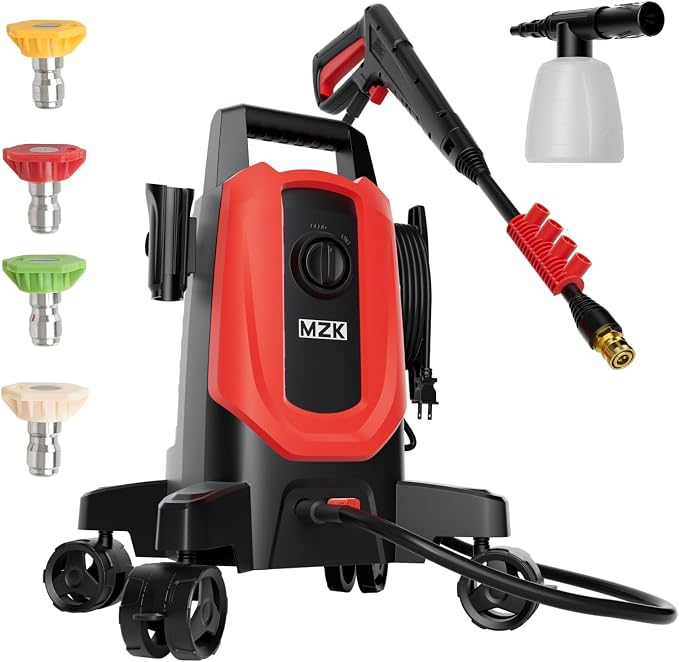 MZK Pressure Washer, 3.0GPM Power Washer with 360° Lockable Wheels and 4 Quick-Connect Nozzles, Foam Cannon for Easy Replacement, High-Pressure Cleaning of Cars, Fences, Driveways