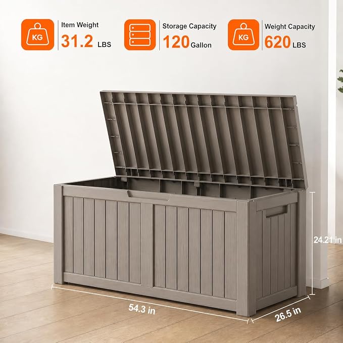 LAUSAINT HOME 120 Gallon Outdoor Deck Box, Waterproof Resin Storage Box with Lock, Patio Cushion Storage, Garden Tool Organizer, Pool Storage Container, Outdoor Storage Bench, Light Brown