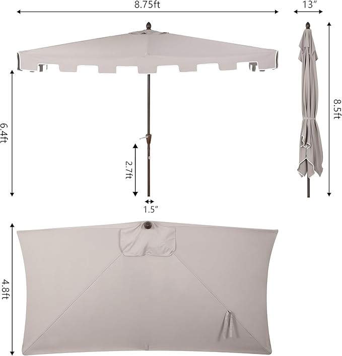 JONATHAN Y Sidney Coastal 9 ft. Gray Half Umbrella for Outdoor Patio, Space-Saving Rectangular Wall Sun Shade with Crank Lift, UV Protection for Balcony, Deck, Dark Brown Pole UMB1200A