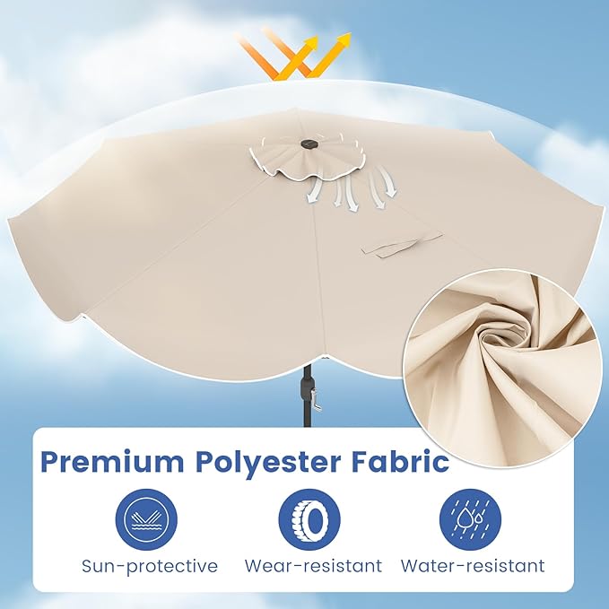 Tangkula 10 FT Solar Patio Umbrella, 2-Tiers Outdoor Scalloped Table Umbrella with 24 LED Lights, Tilt Adjustment, Crank, 8 Ribs for Market Backyard Pool Deck Beach Lawn (Beige)