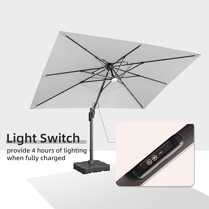 9 X 12 FT Cantilever Outdoor Patio Umbrella with Base Included Large Heavy Duty 360° Rotation Double Top Offset Rectangular Umbrellas with LED Lights for Backyard Outside Deck, Fog Grey