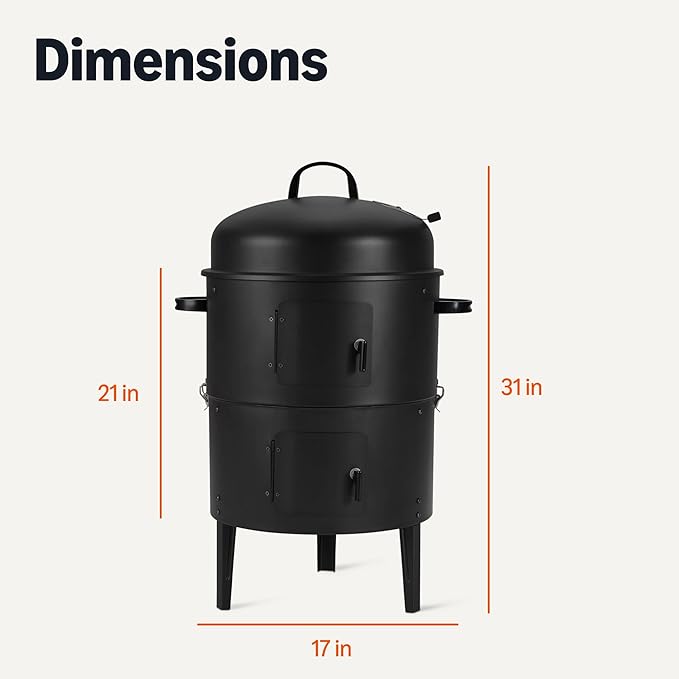 Amazon Basics 16 inch Vertical Charcoal Outdoor Smoker, BBQ Grill, with Built-in Thermometer, 2-Layer Design, Adjustable Air Supply Control, Black