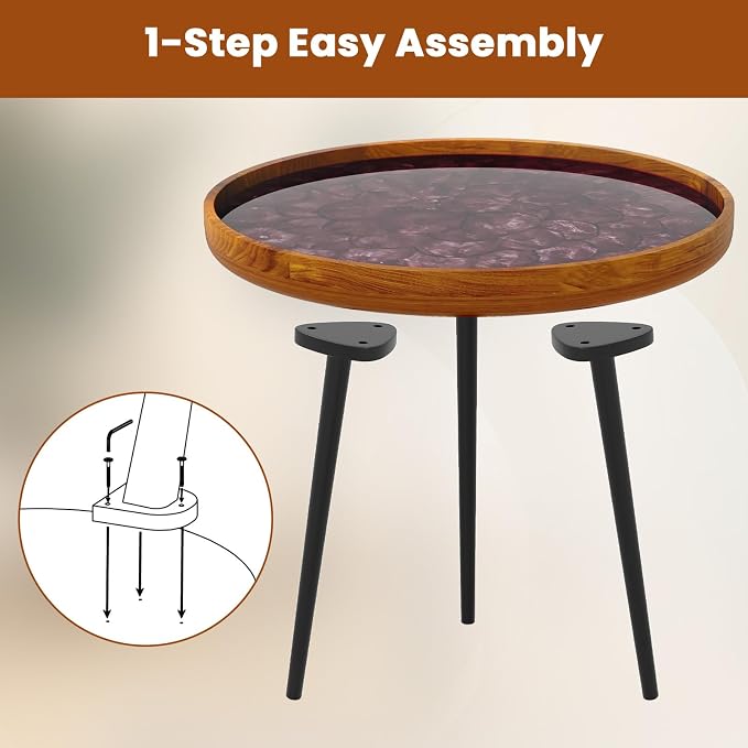 Giantex Outdoor Side Table, Round End Table with Epoxy Resin Finish, Sea Shell Decoration, Mahogany Wood Frame, Tray Top, Patio Side Table for Living Room, Pool, Yard, Porch (Brown, 20” x 20” x 21.5”)