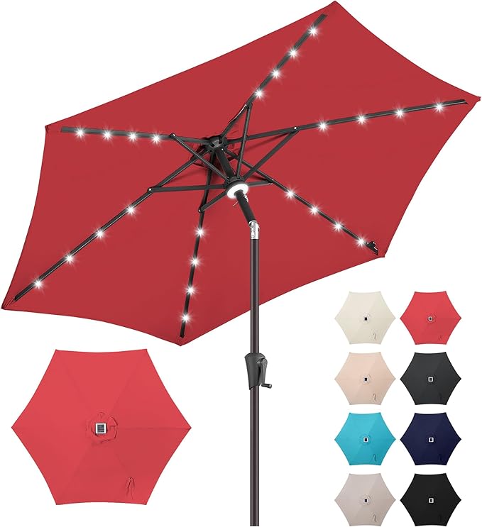 Jarka&Co 7.5ft Solar Patio Umbrella - Lighted Solar Outdoor Umbrella with 24 LED Lights Waterprool UV Protection, Market Table Umbrella with Tilt for Backyard, Garden, Pool, Porch (Red)