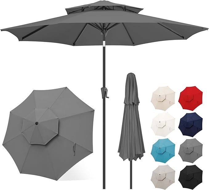 FLAME&SHADE 9ft Patio Umbrella - 2 Tiers Outdoor Umbrella with Push Button Tilt and Crank for UV Protection, Table Market Umbrella for Garden, Deck, Backyard, Pool and Beach(Anthracite)
