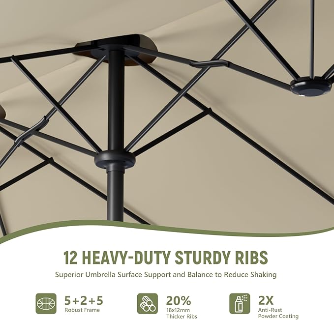 15ft Double-Sided Outdoor Patio Umbrella, Table Umbrellas with Steel Ribs, Easy Crank, Market Umbrella for Backyard & Pool