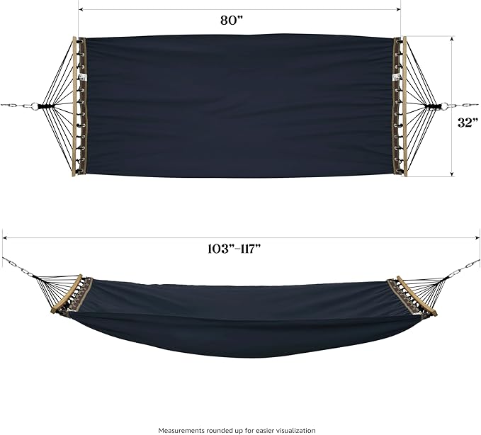 Tranquillo Double Hammock 2 Persons Cotton Canvas 600 lbs Portable Camping Hammock with Solid Curved Wood Spreader Bar Hammock for Camping Trave Outdoor Adventures Indoor Patio Garden, Navy