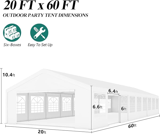 GARTOO 20' x 60' Canopy Party Tent & Carport - Heavy Duty Outdoor Wedding Gazebo with 5 Storage Bags & 4 Sand Bags, Event Shelter Canopy for Outdoor Event, Wedding, Birthday Party