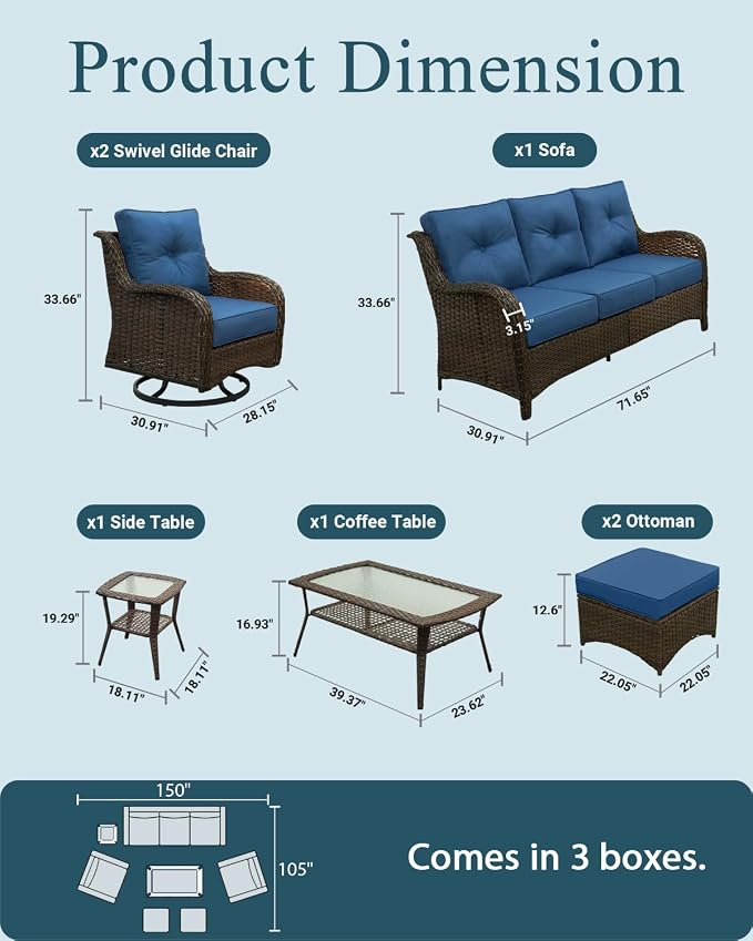 Luxury Patio Conversation Set, 7-Piece Ergonomic High Back Wicker Sofa&Swivel Chair Set with 6-Inch Deep Seating Cushions, Large Patio Furniture Set for Garden, Deck & Balcony, Navy Blue