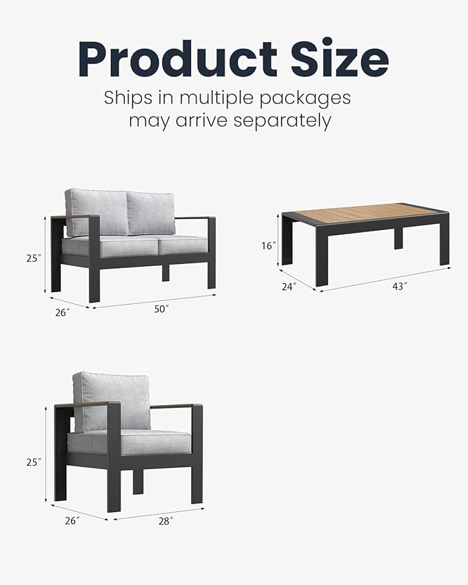 4 Pieces Aluminum Outdoor Patio Furniture Set with Coffee Table, Outside Metal Patio Conversation Sets with Deep Seating and Thick Cushions