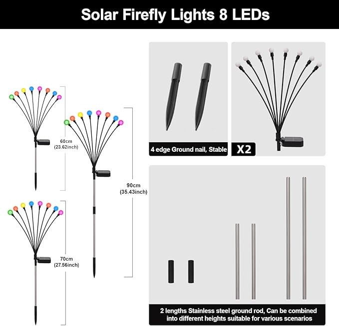 Solar Firefly Lights Outdoor, 8 Mode RGB Color Changing Swaying Flashing Firefly Garden Lights Solar Powered Waterproof for Outside Yard Pathway Christmas Garden Decor Multicolor (2 Pack)