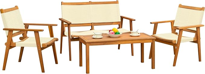 Devoko 4 Pieces Acacia Wood Patio Conversation Sets, Patio Furniture Set with Hand Woven Rope Seats and Back, Outdoor Chair and Table Set for 4 for Balcony, Backyard, Deck, Poolside