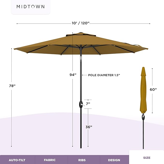 Midtown Umbrellas - 10-Year-No-Fade 10 Ft Patio Umbrella with Terylast Fabric, Auto-Tilt Aluminum Frame and 8 Reinforced Ribs for Deck, Pool, Garden & Beach - Sand Tan Canopy, Black Pole