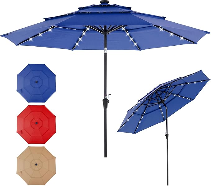 DUMOS LED Outdoor Patio Umbrella 10 FT UV-Resistant Market Umbrella with Tilt Adjustment & Crank Lift, All-Weather Shade for Backyard, Deck, Garden, Beach