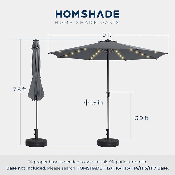 HOMSHADE 9ft Solar Patio Umbrella - Solar Lights LED Lighted Outdoor Market Table Umbrella, UPF50+ UV Protection with Push Button Tilt, Crank for Pool Deck and Garden (Dark Grey)