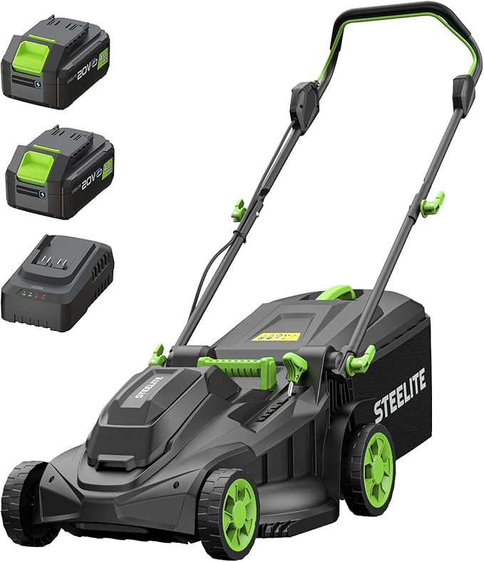 STEELITE 40V(2x20V) 17" Electric Lawn Mower, 6-Height Adjustment, 2-in-1 Bagging & Mulching, Lawn Mower for Small & Medium Yards, Includes 2X 4.0Ah Batteries & Charger,Green