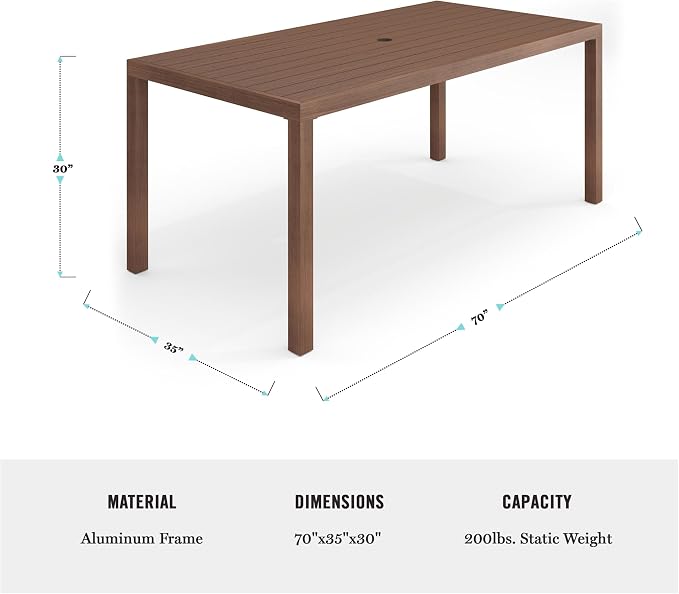 Martha Stewart Bedford 71" Indoor-Outdoor Aluminum Patio Table with Umbrella Hole and Brushed Woodgrain Finish in Gray