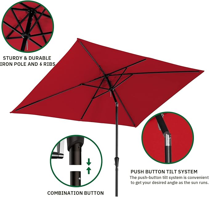 MEWAY 6.6 * 10ft Rectangular Patio Umbrella Market Outdoor Garden Table Deck Backyard Pool Sunshade Umbrella with Tilt, Crank and UV Protection(6.6 * 10 ft, Red)