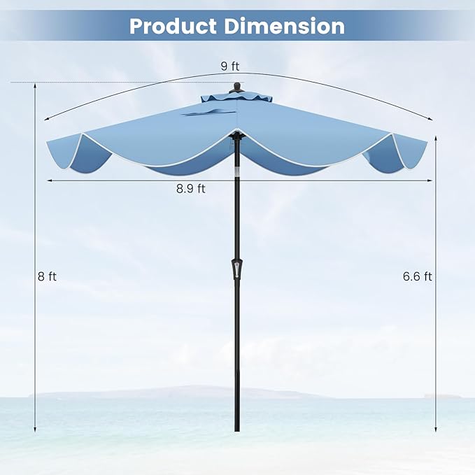 HAPPYGRILL 9 FT Patio Umbrella with Ruffled Edges, Outdoor Table Umbrella with Push Button Tilt, Crank, 8 Ribs, Heavy-Duty Market Sunshade for Yard Garden Pool