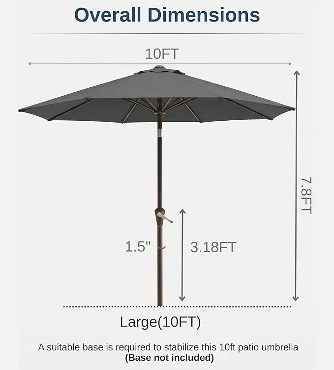 10FT Patio Umbrella, Outdoor Umbrella with Push Button Tilt and Crank, 8 Sturdy Ribs, UV Protection & Waterproof Market Umbrella for Pool, Backyard, Beach,Deck (Gray)