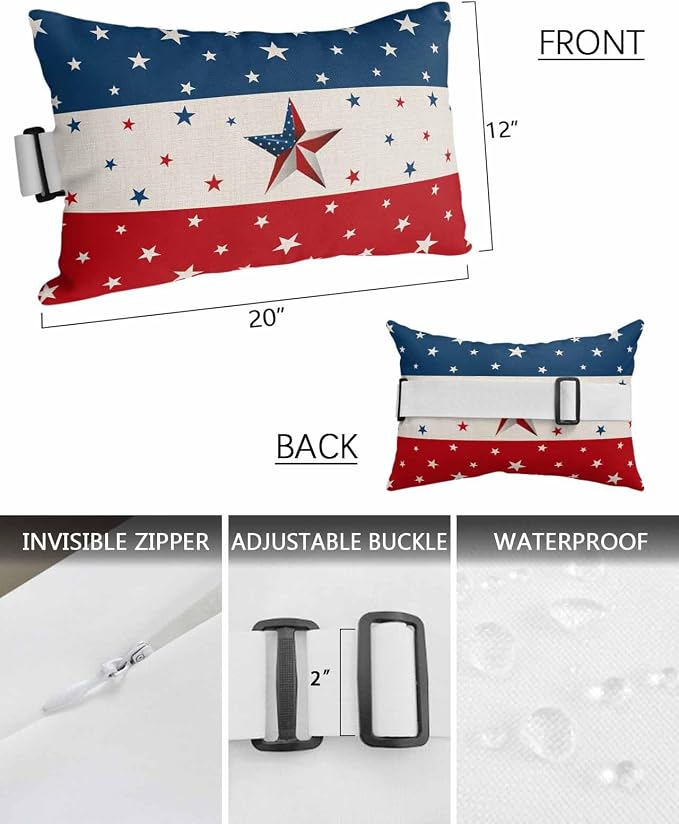 Outdoor Lumbar Pillows with Adjustable Band,Independence Day Red White Blue Stripe Waterproof Recliner Throw Pillow Chaise Lounge Cushion with Insert for Beach,Graden Rustic Star on Cotton 1 Pack
