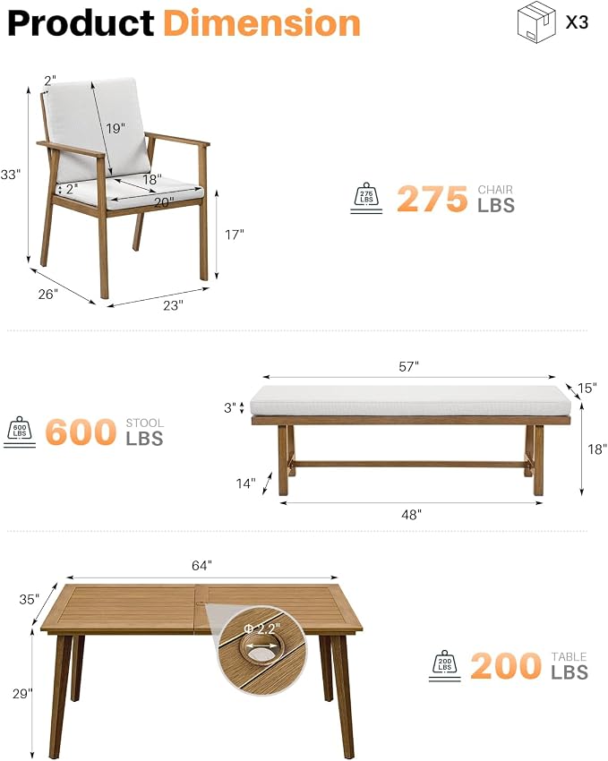 6-Piece Outdoor Dining Set, Aluminum Outdoor Table and Chairs Set with 4 Dining Chairs & Backless Bench, Weather-Resistant Bench Dining Table Set with Removable Cushions for Garden, Deck, Teak