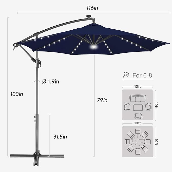 FLAME&SHADE 10ft Solar Cantilever Umbrella with 40 LED Lights, Lighted Large Offset Outdoor Patio Umbrellas, 8 Sturdy Ribs, UPF50+ UV Protection for Pool Deck Garden Yard, Navy Blue