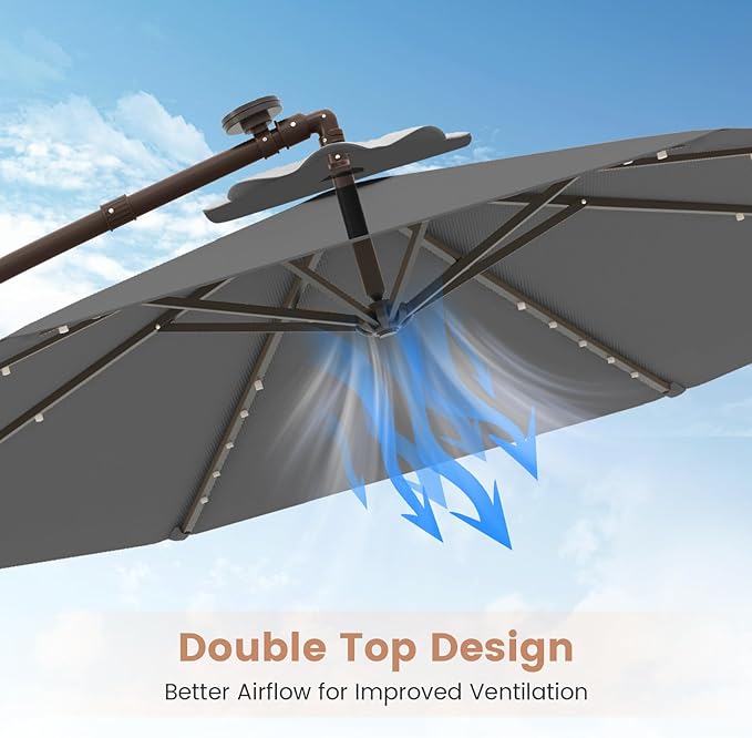 Tangkula 10FT Offset Patio Umbrella with Base Included, Outdoor Cantilever Umbrella with 40 Solar LED Lights, Tilt Adjustment, Crank Handle, Vented Top, Sand Bags for Pool Yard Deck (Gray)