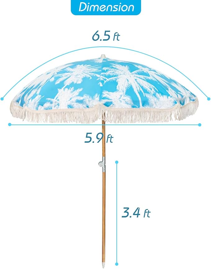 6.5Ft Boho Beach Umbrella with Fringe, Tassel Umbrellas with Tilting Wood Pole & Carrying Bag, UPF 50+ for Beach