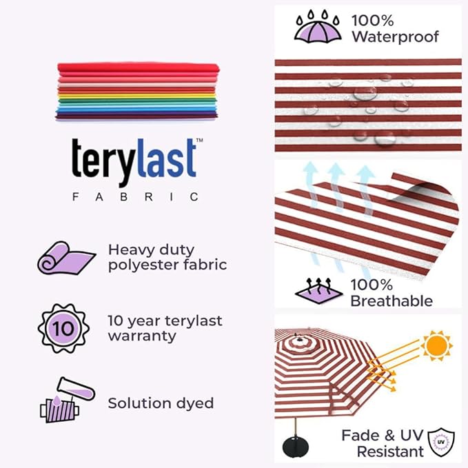Midtown Umbrellas The LED Swilt 10 Feet Patio Umbrella With Terylast Red Stripes (Red/White) Polyester Fabric - Auto-Tilt Aluminum Frame With LED Lights For Backyard, Deck, Garden, Pool - Black Pole