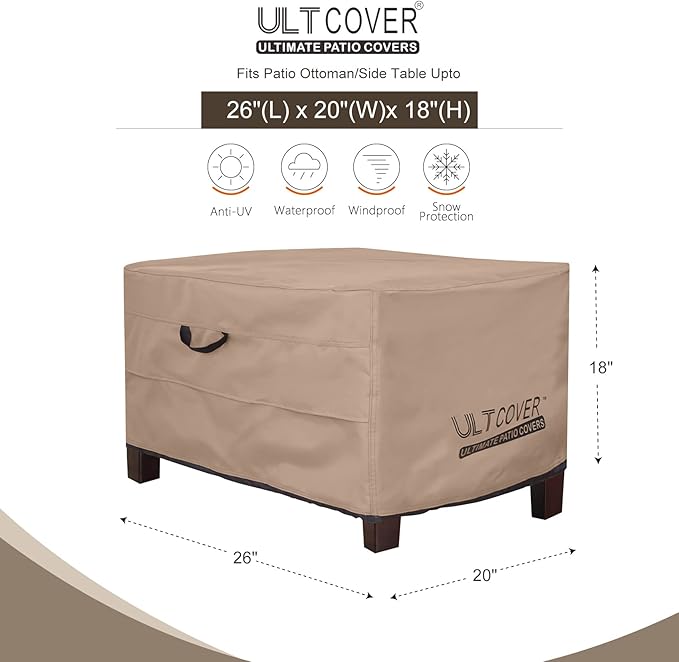 ULTCOVER Waterproof Patio Ottoman Cover Rectangular Outdoor Side Table Furniture Covers Size 26L x 20W x 18H inch
