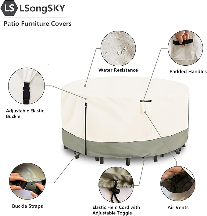Round Patio Furniture Covers,600D Heavy Duty Waterproof Outdoor Furniture Cover for Round Dining Table with Rocking Swivel Chairs Set,84" Dia x 28" H Beige