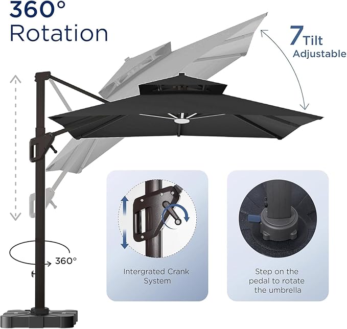 10' X 13' Patio Umbrella with Weighted Base and LED Lights Outdoor Cantilever Large Rectangle Offset Umbrellas Heavy Duty Aluminum Double Top with 360-degree Rotation for Pool Garden Deck, Black