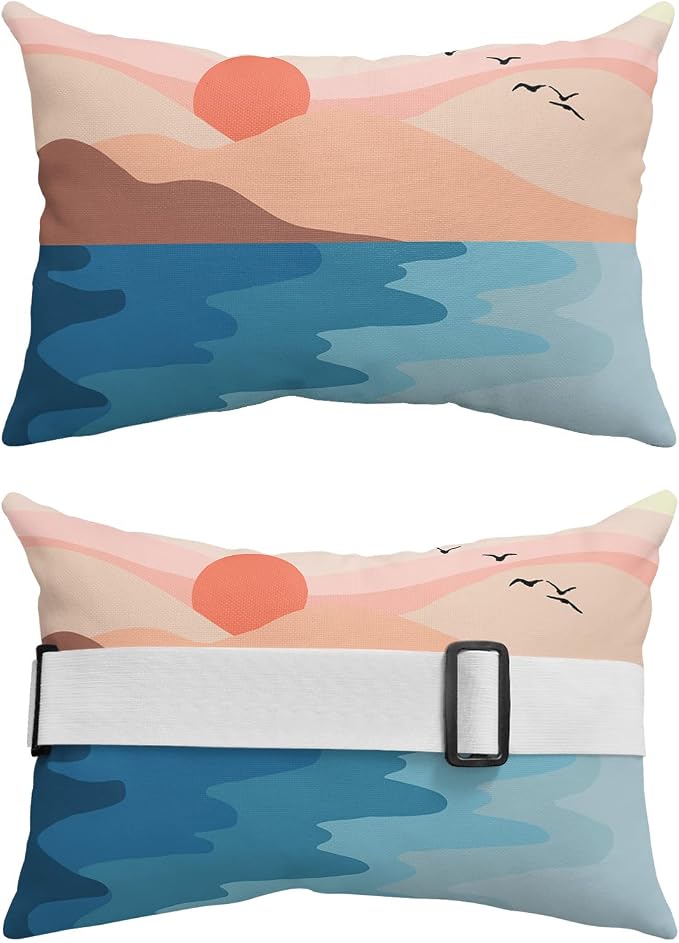 Outdoor Pillows Covers with Inserts Sunset Mountain Beautiful Blue Lake Abstract Painting Waterproof Pillow with Adjustable Strap Throw Pillows for Patio Furniture Recliner Lounge Chair, 12"x20", 1PCS