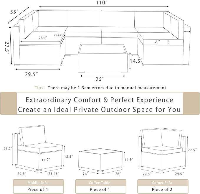 ALAULM 7 Pieces Patio Furniture Set Wicker Patio Conversation Set, Outdoor Sectional Furniture w/Coffee Table & Washable Seat Cushions-Sand