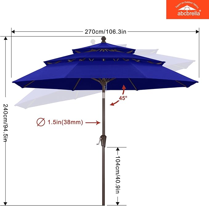 ABCCANOPY 5-Year 10-Year No Fading 9FT 3 Tiers Patio Umbrella, Outdoor Table Umbrella with 8 Sturdy Ribs for Deck, Backyard, Garden, Yard