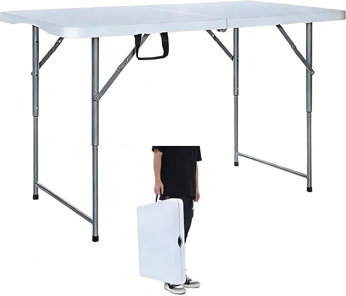 Lakhow Folding Table 4 Foot Portable Heavy Duty Plastic Fold-in-Half Utility Table with Carrying Handle,Indoor Outdoor Small Adjustable Height Folding,Camping and Party,White