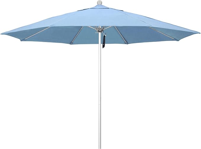 California Umbrella 11Ft Commercial Grade Sunbrella Fabric Market Umbrella, Pulley Lift, Aluminum/Fiberglass, 2mm pole wall, Silver Frame, Air Blue Fabric