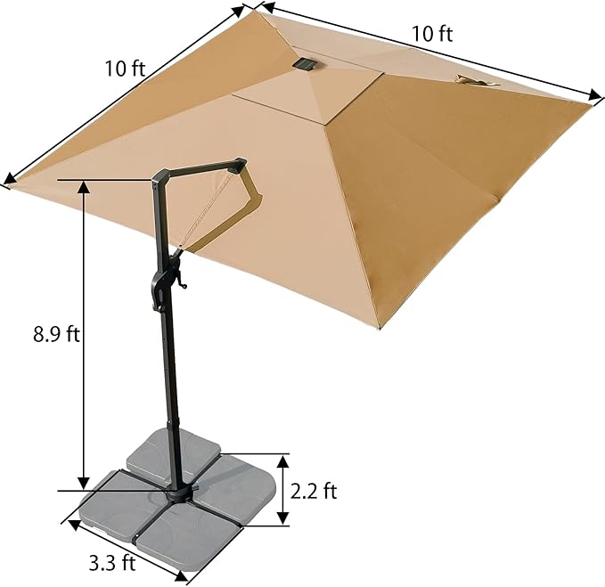 Sunnyglade 10x10ft Solar Powered LED Cantilever Patio Umbrella Square Deluxe Offset Umbrella 360°Rotation & Integrated Tilting System & LED lights for Market Garden Deck Pool Backyard Patio