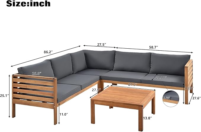 Patio Furniture 4 Pieces Conversation Sets, Acacia Wood Outdoor Sectional Furniture Conversation Sets with Cushions and Coffee Table for Garden Backyard Balcony and Porch (Gray)