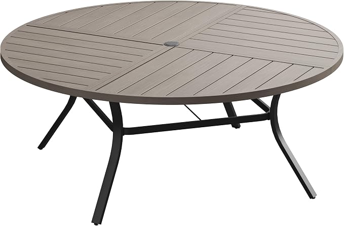 60" Outdoor Dining Table with Adjustable Umbrella Hole, Metal Slatted Round Patio Dining Table for Backyard Garden Deck, Antique Grey