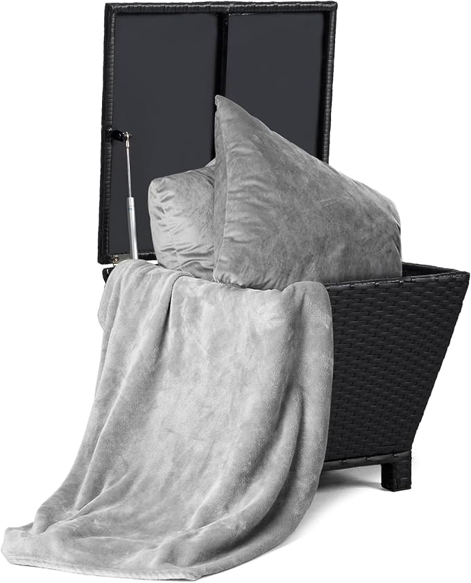 Outdoor PE Wicker Side Table with Storage, Small Patio Storage Bin Container for Hose Cushion Towel (Black)