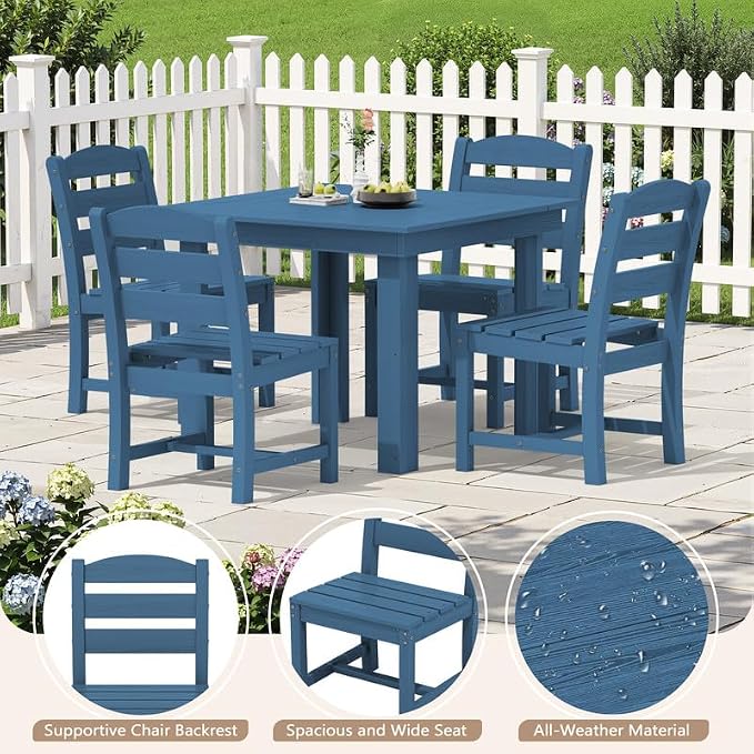 KINGYES 5-Piece HDPE Outdoor Dining Set for 4, Square Patio Table & Armless Chairs with Umbrella Hole, All-Weather Patio Dining Set for Backyard, Garden, Lawn & Poolside, Blue