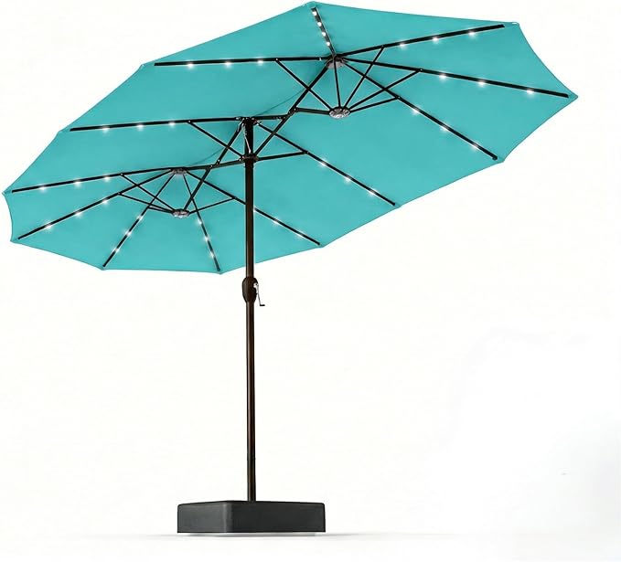15FT Patio Umbrella with Solar Lights, Double-Sided Extra Large Outdoor Table Umbrella with Base Included, Heavy-Duty 12 Iron Ribs Market Umbrella for Garden, Pool, Backyard, Aqua Blue
