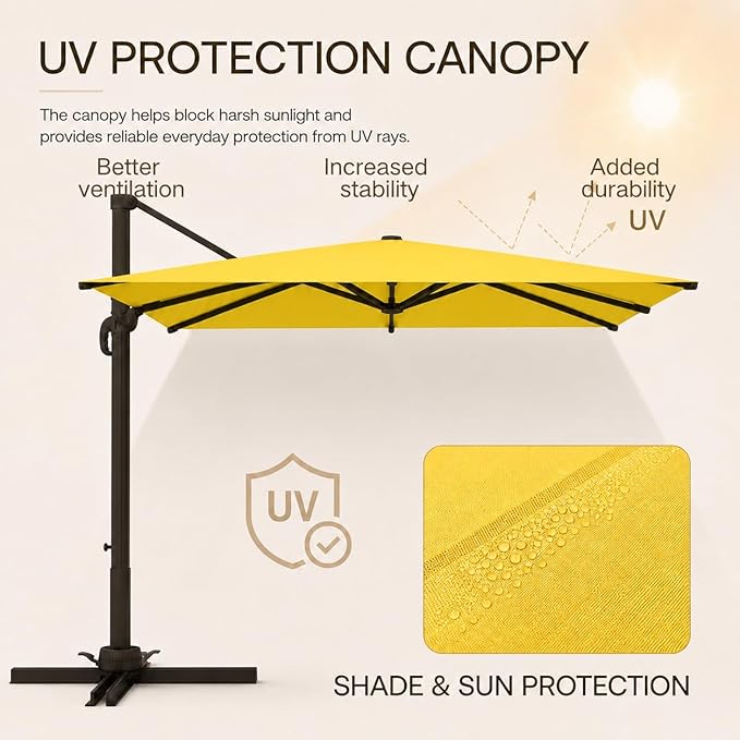 Kingdura 9' X 9' Cantilever Patio Umbrella with Base Included, Large Square Outdoor Offset Umbrella with 360-degree Rotation, 4 Position Tilt, UV Protection for Pool Deck Garden Patio (Yellow)