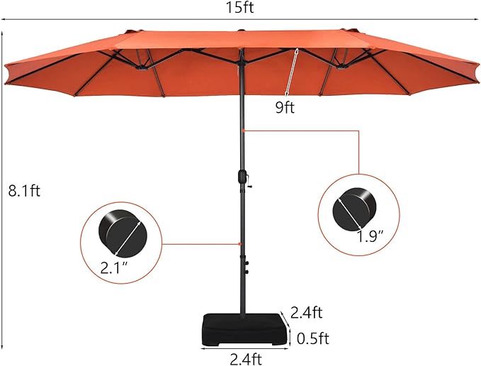 Tangkula 15FT Double-Sided Patio Umbrella, Outdoor Market Umbrella W/Hand-Crank System & Enhanced Base, Ultra-Large Twin Garden Umbrella W/ 12-Rib Structure for Residential & Commercial Use (Orange)